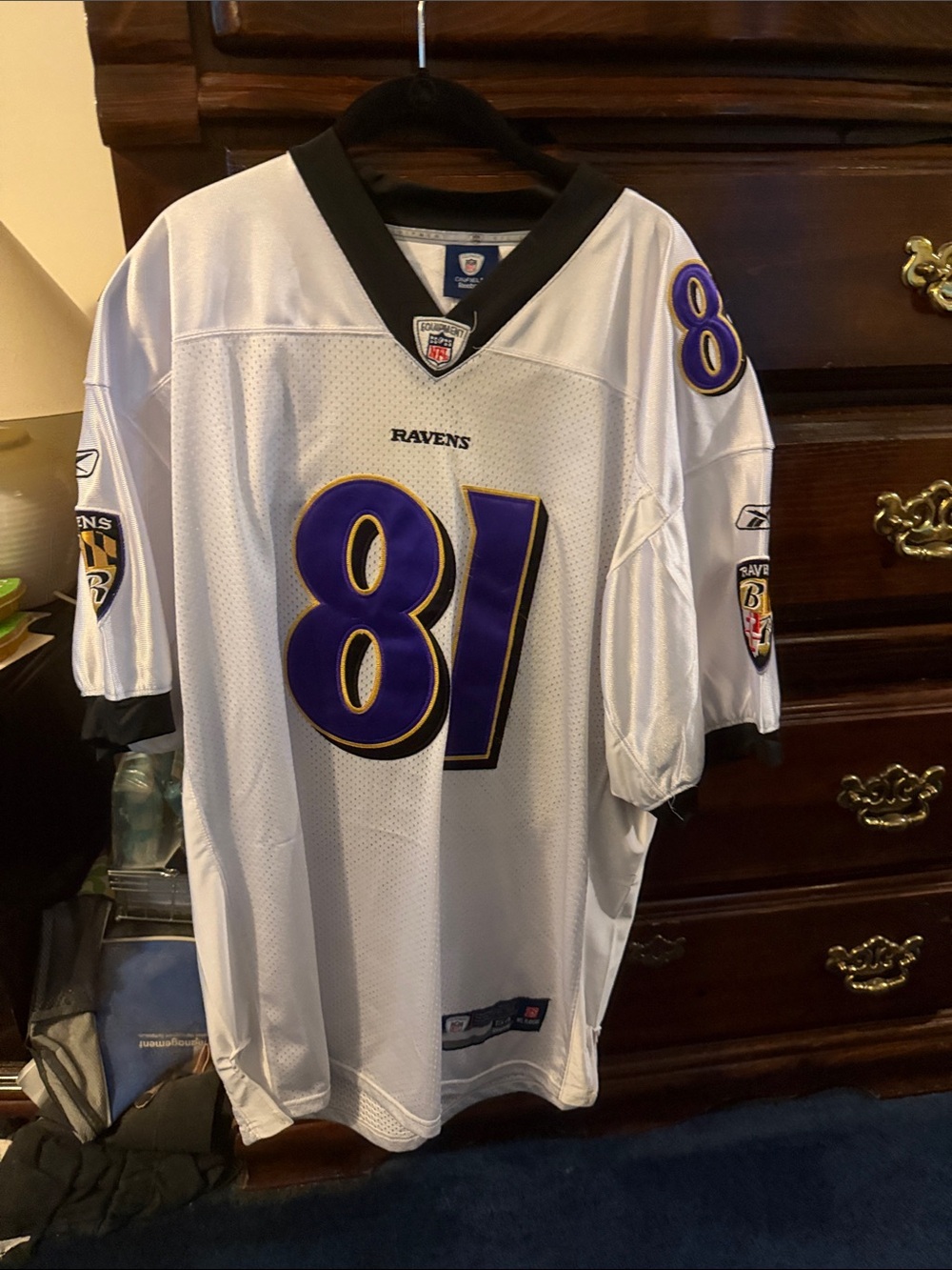Reebok White Ravens #81 Jersey with Purple & Gold Trim
